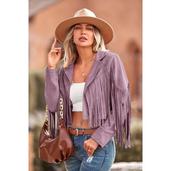 Women's Purple Fringe Faux Suede Leather Jacket Tassel Cropped Fal 2025 Coat - Picture 8 of 9